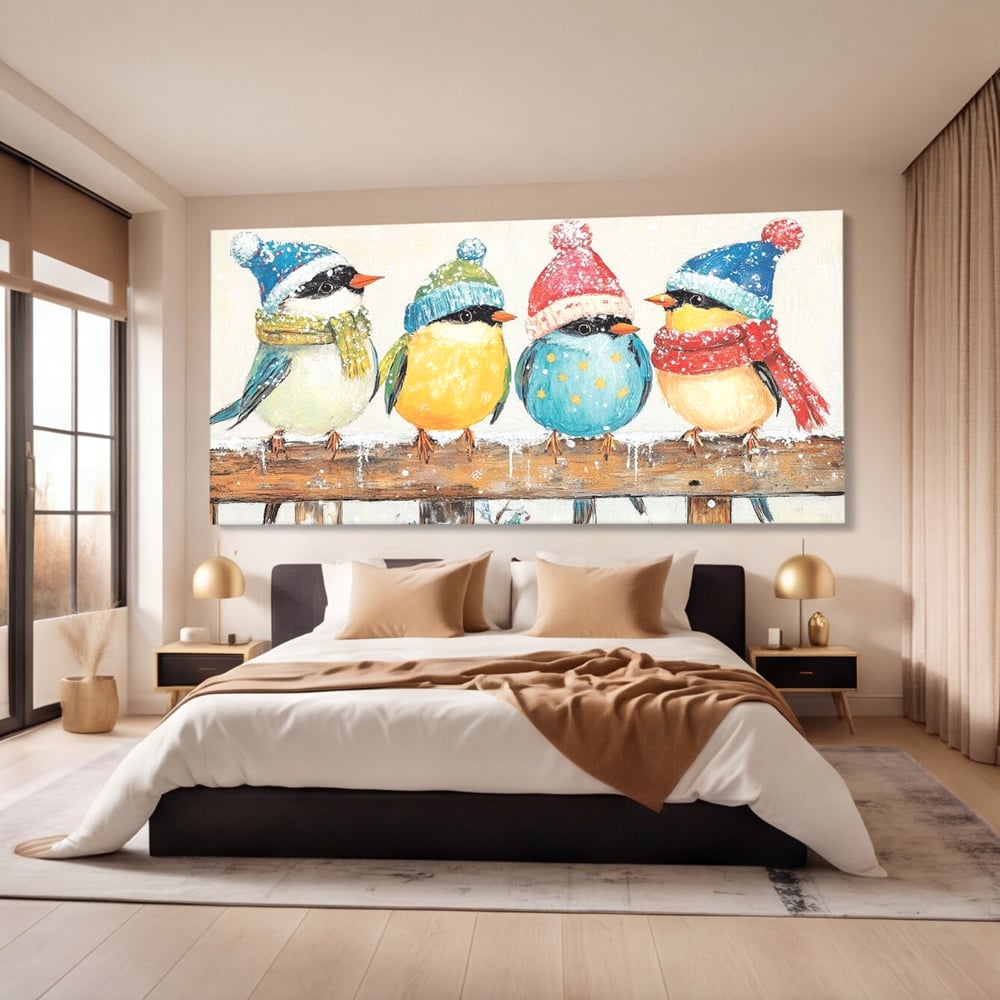 Tablou canvas cu tablou canvas cu vrabiute colorate in iarna, fara rama, pe sasiu de lemn, pe perete intr-un dormitor